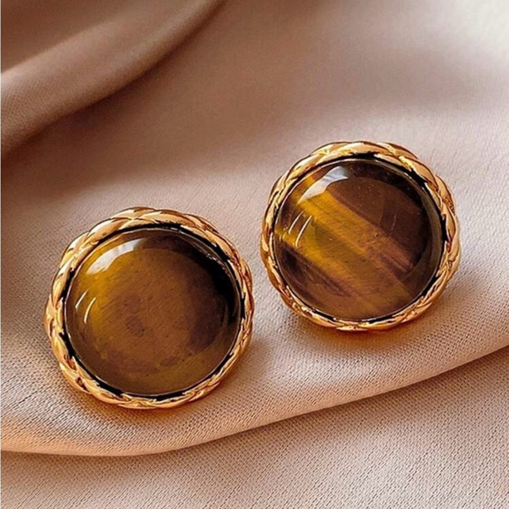 Tiger Eye Stone Earring Set, Personality Geometric Round Shape Stud Earrings
